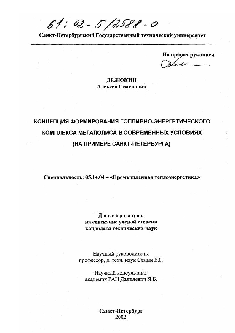 Концепция формирования топливно-энергетического комплекса мегаполиса в современных условиях : На примере Санкт-Петербурга