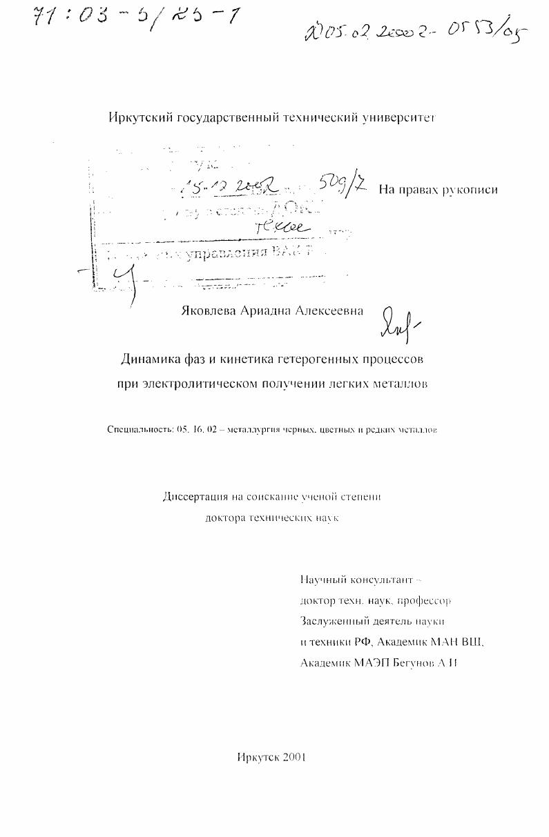 Динамика фаз и кинетика гетерогенных процессов при электролитическом получении легких металлов