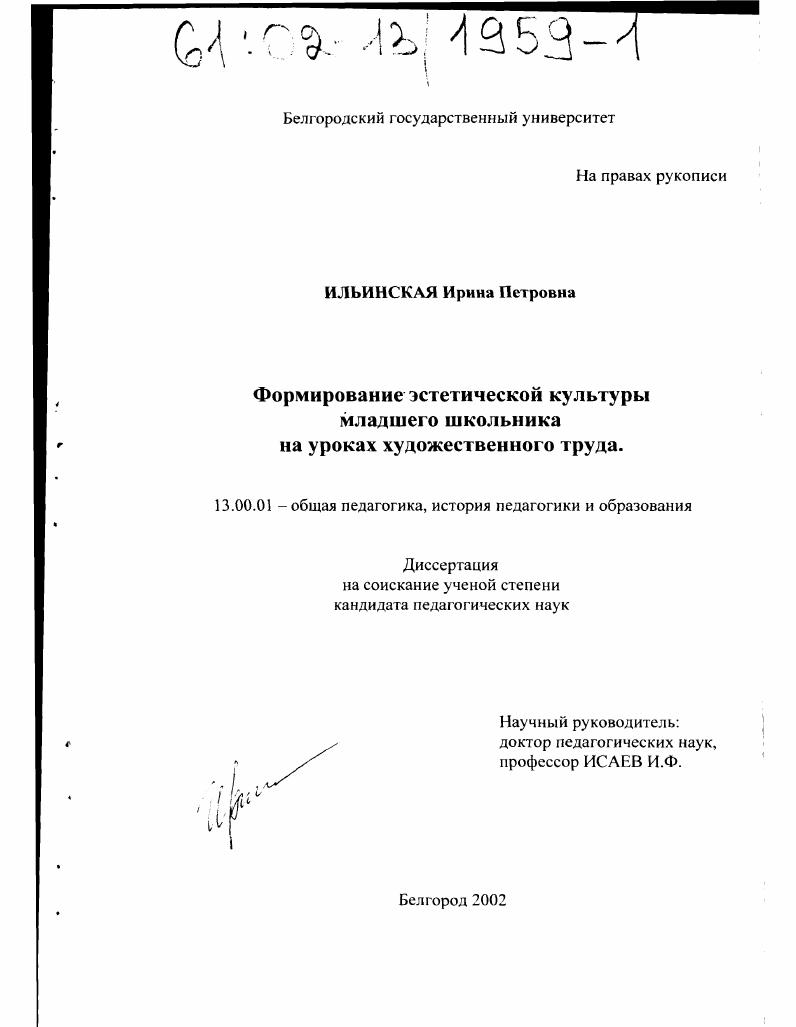 скачать диссертацию Формирование эстетической культуры младшего школьника на уроках художественного труда Формирование эстетической культуры младшего школьника на уроках художественного труда