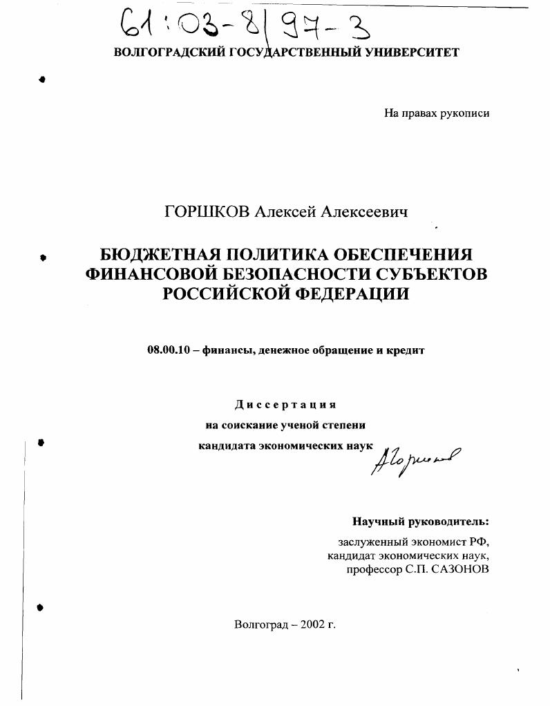 Бюджетная политика обеспечения финансовой безопасности субъектов Российской Федерации