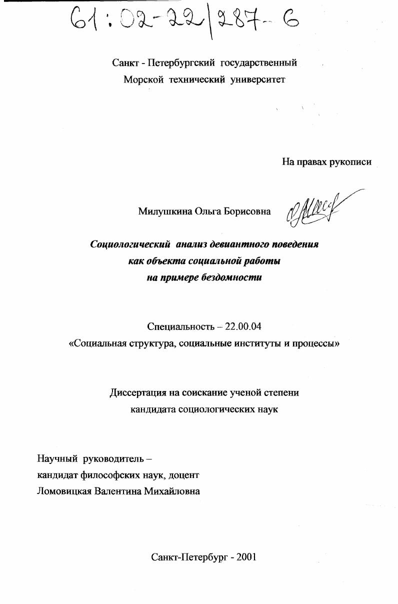 Социологический анализ девиантного поведения как объекта социальной работы на примере бездомности