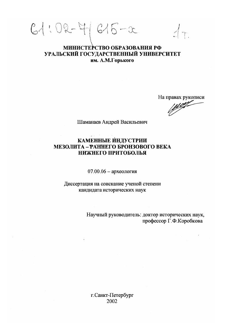 Каменные индустрии мезолита - раннего бронзового века Нижнего Притоболья