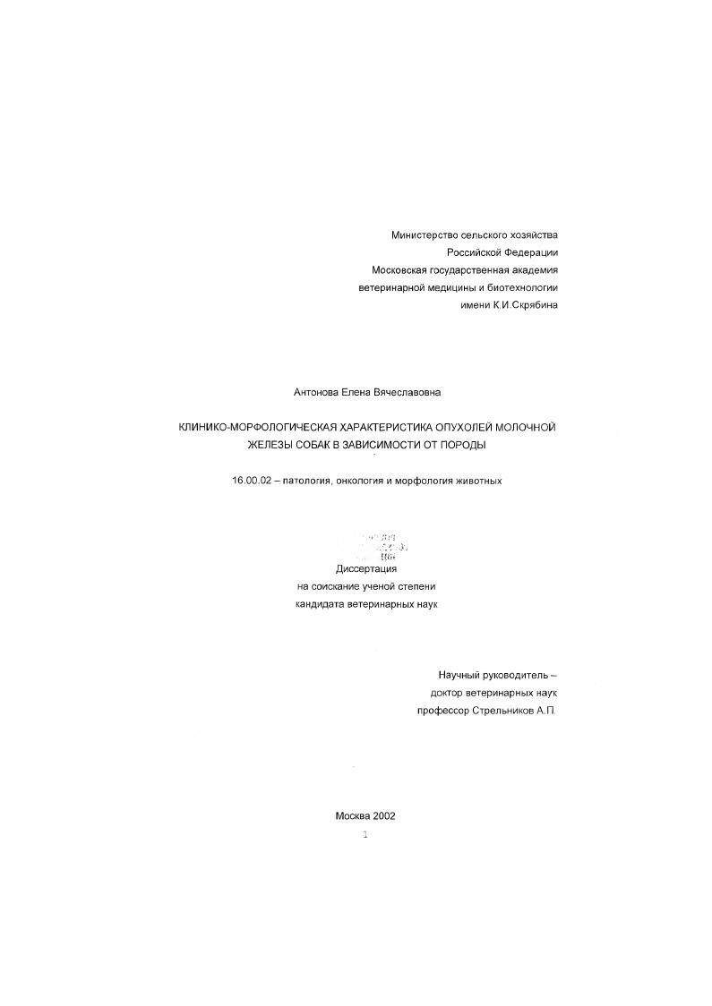 Клинико-морфологическая характеристика опухолей молочной железы собак в зависимости от породы