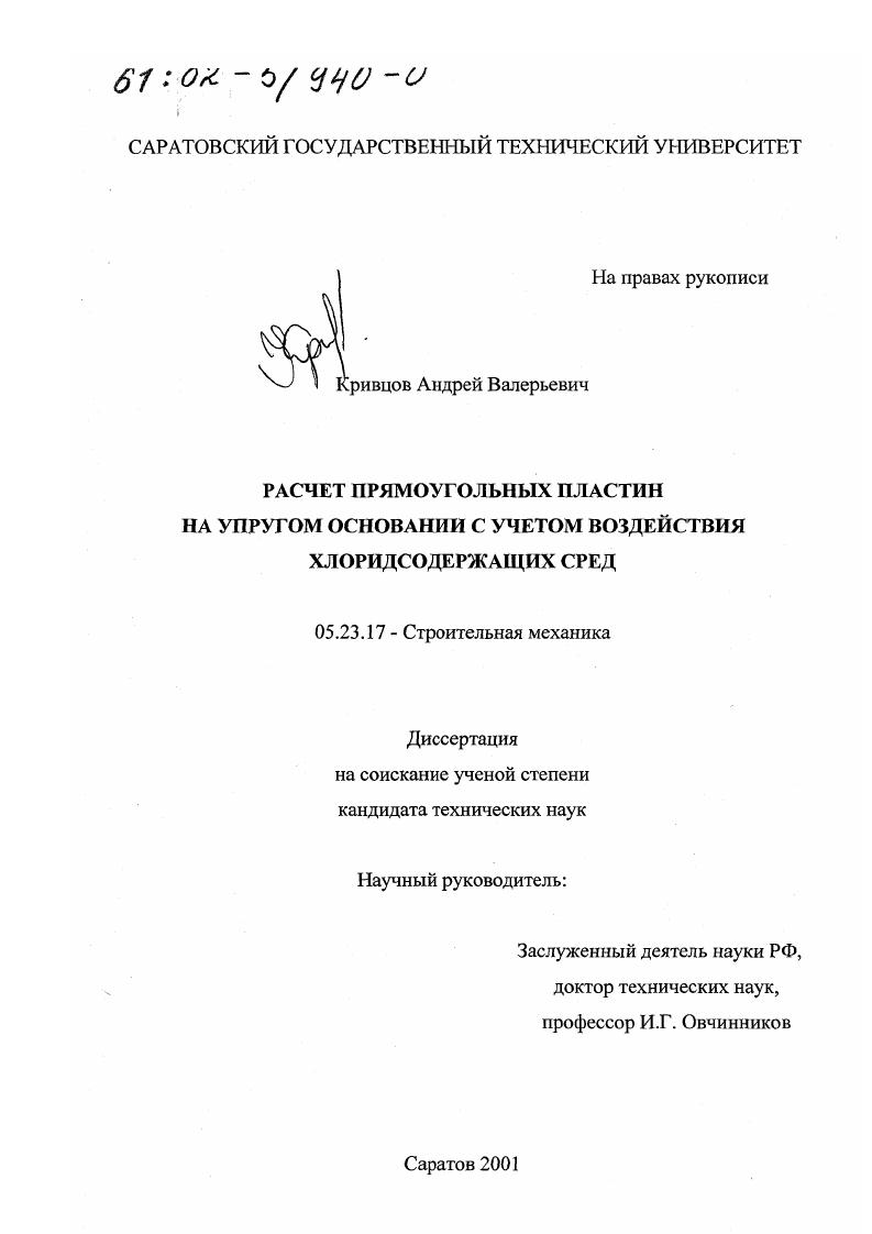 Расчет прямоугольных пластин на упругом основании с учетом воздействия хлоридсодержащих сред
