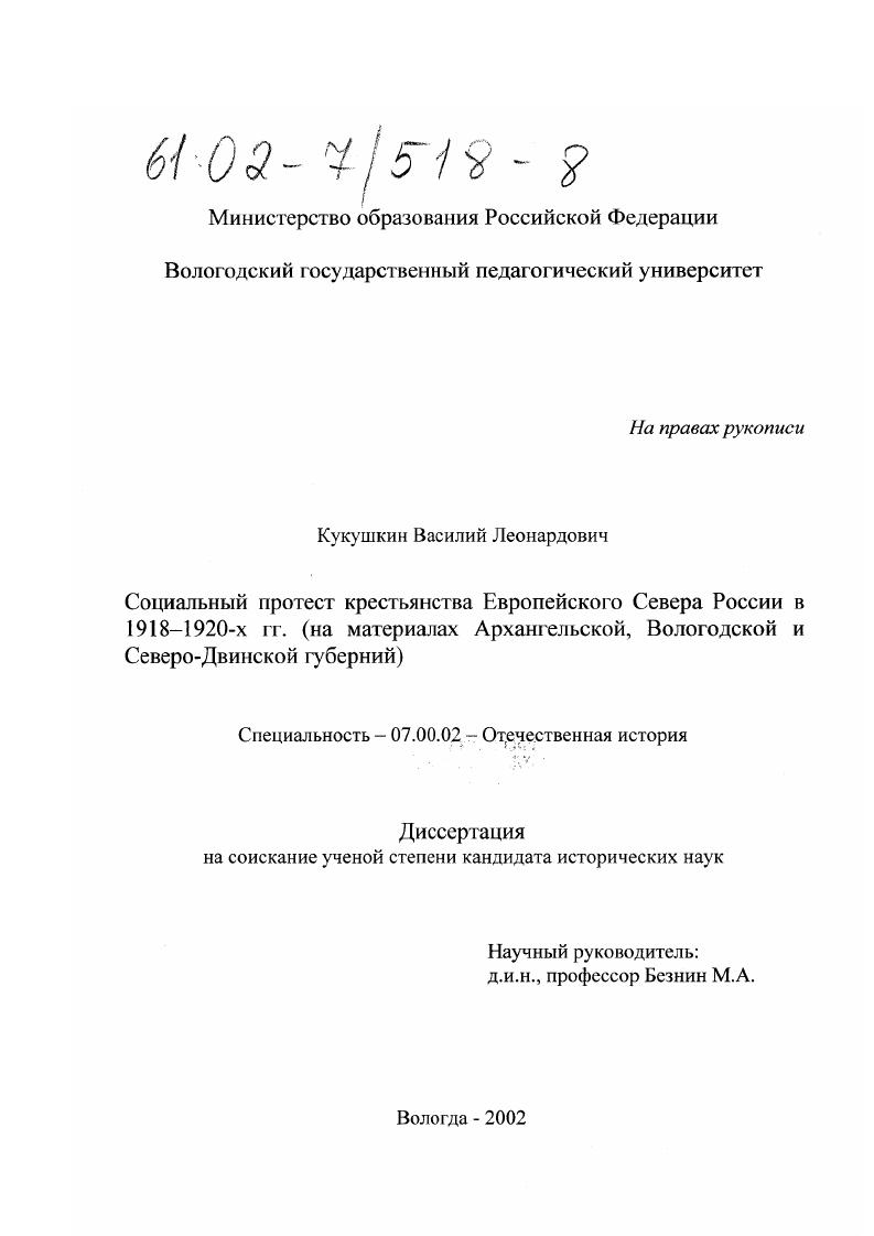 Социальный протест крестьянства Европейского Севера России в 1918-1920-х гг. : На материалах Архангельской, Вологодской и Северо-Двинской губерний