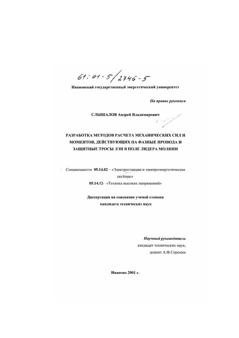 Разработка методов расчета механических сил и моментов, действующих на фазные провода и защитные тросы ЛЭП в поле лидера молнии