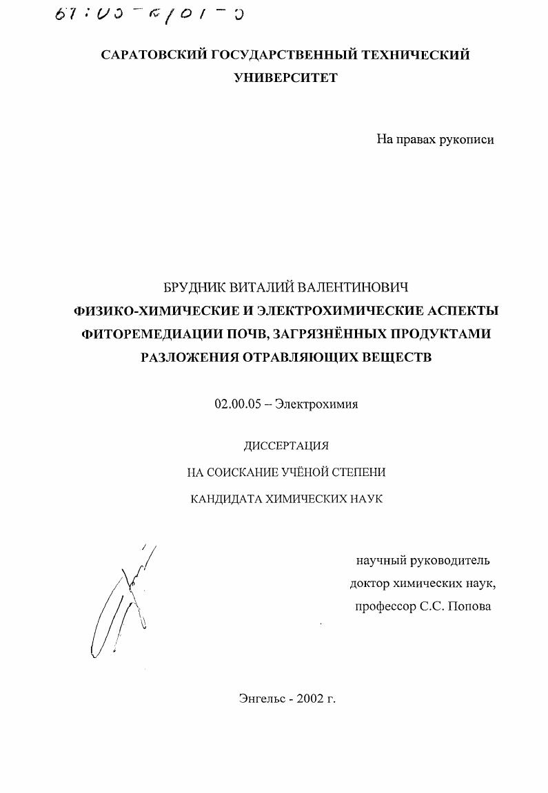 Физико-химические и электрохимические аспекты фиторемедиации почв, загрязненных продуктами разложения отравляющих веществ