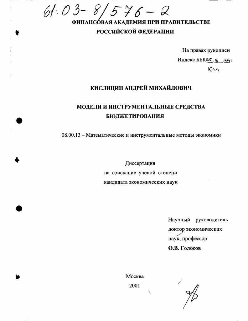 Модели и инструментальные средства бюджетирования