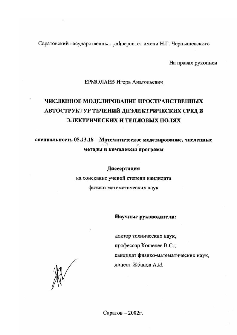 скачать диссертацию Численное моделирование пространственных автоструктур течений диэлектрических сред в электрических и тепловых полях Численное моделирование пространственных автоструктур течений диэлектрических сред в электрических и тепловых полях