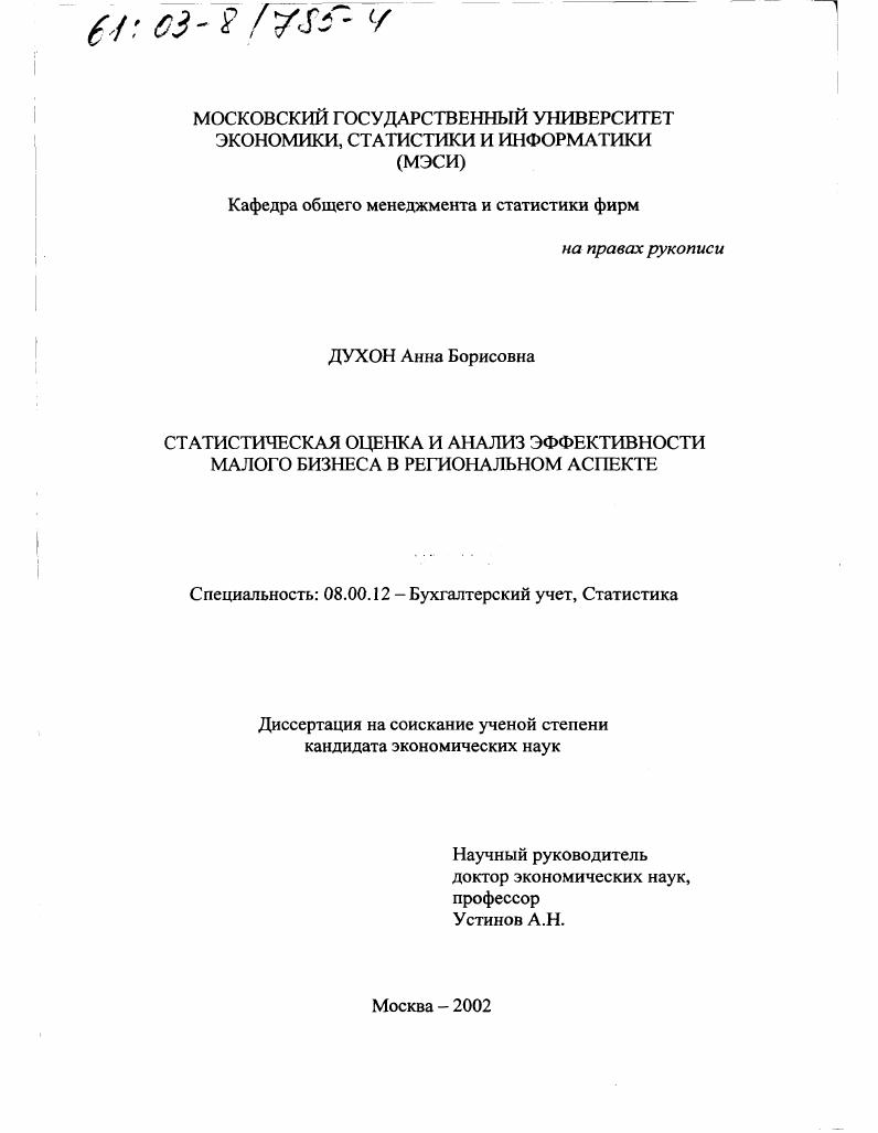 скачать диссертацию Статистическая оценка и анализ эффективности малого бизнеса в региональном аспекте Статистическая оценка и анализ эффективности малого бизнеса в региональном аспекте