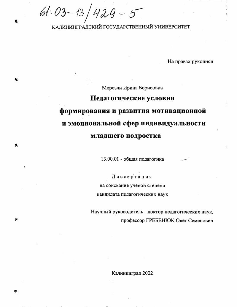 скачать диссертацию Педагогические условия формирования и развития мотивационной и эмоциональной сфер индивидуальности младшего подростка Педагогические условия формирования и развития мотивационной и эмоциональной сфер индивидуальности младшего подростка