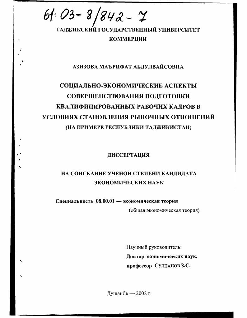Социально-экономические аспекты совершенствования подготовки квалифицированных рабочих кадров в условиях становления рыночных отношений : На примере Республики Таджикистан
