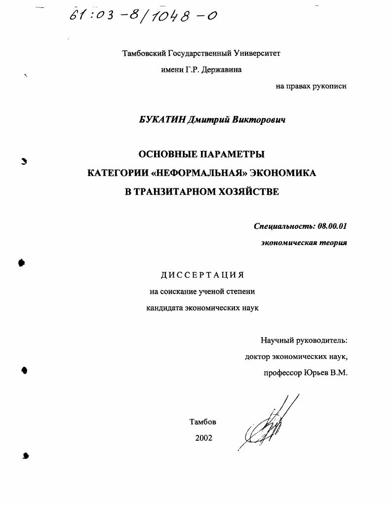 Основные параметры категории "неформальная" экономика в транзитарном хозяйстве