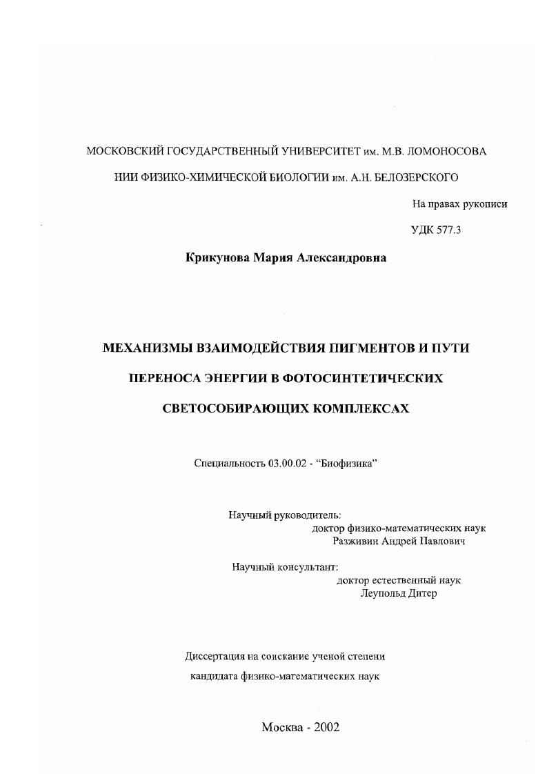 Механизмы взаимодействия пигментов и пути переноса энергии в фотосинтетических светособирающих комплексах