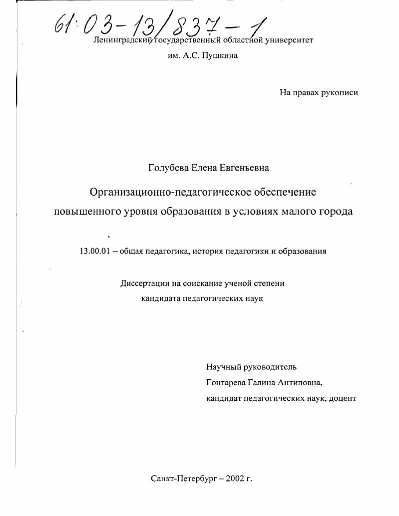 Организационно-педагогическое обеспечение повышенного уровня образования в условиях малого города