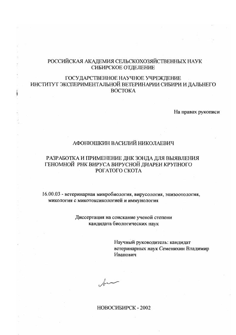 Разработка и применение ДНК зонда для выявления геномной РНК вируса вирусной диареи крупного рогатого скота