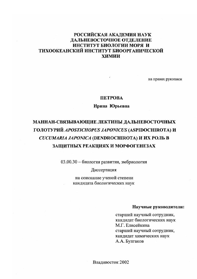 Маннан-связывающие лектины дальневосточных голотурий Apostichopus Japonicus (Aspidochirota) и Cucumaria Japonica (Dendrochirota) и их роль в защитных реакциях и морфогенезах