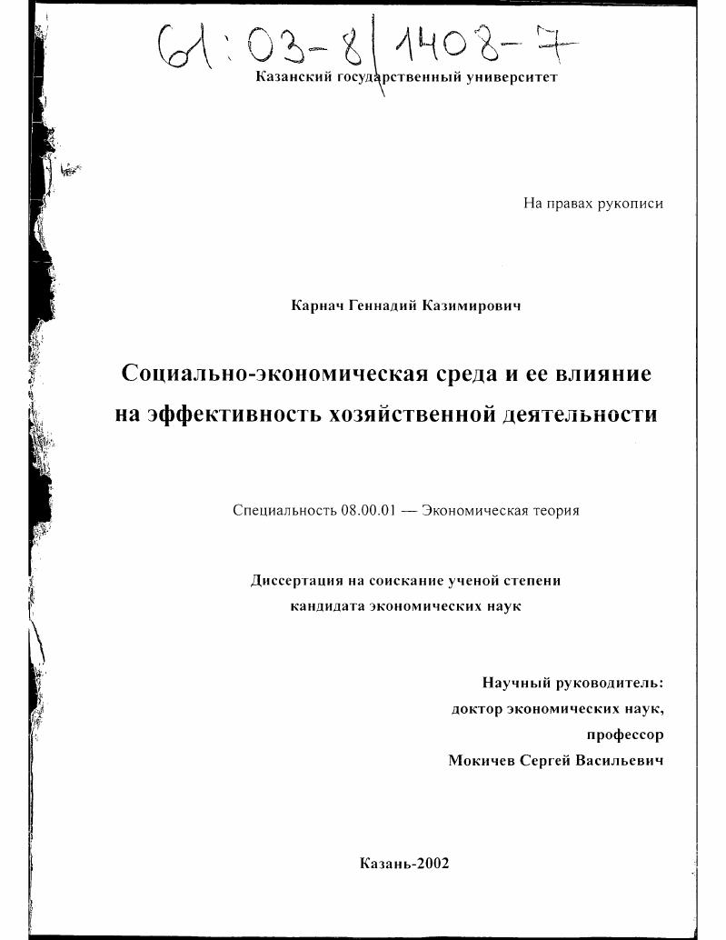 Социально-экономическая среда и ее влияние на эффективность хозяйственной деятельности