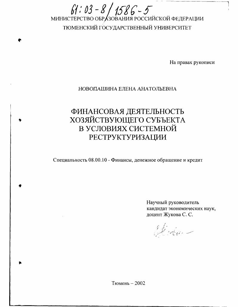 скачать диссертацию Финансовая деятельность хозяйствующего субъекта в условиях системной реструктуризации Финансовая деятельность хозяйствующего субъекта в условиях системной реструктуризации