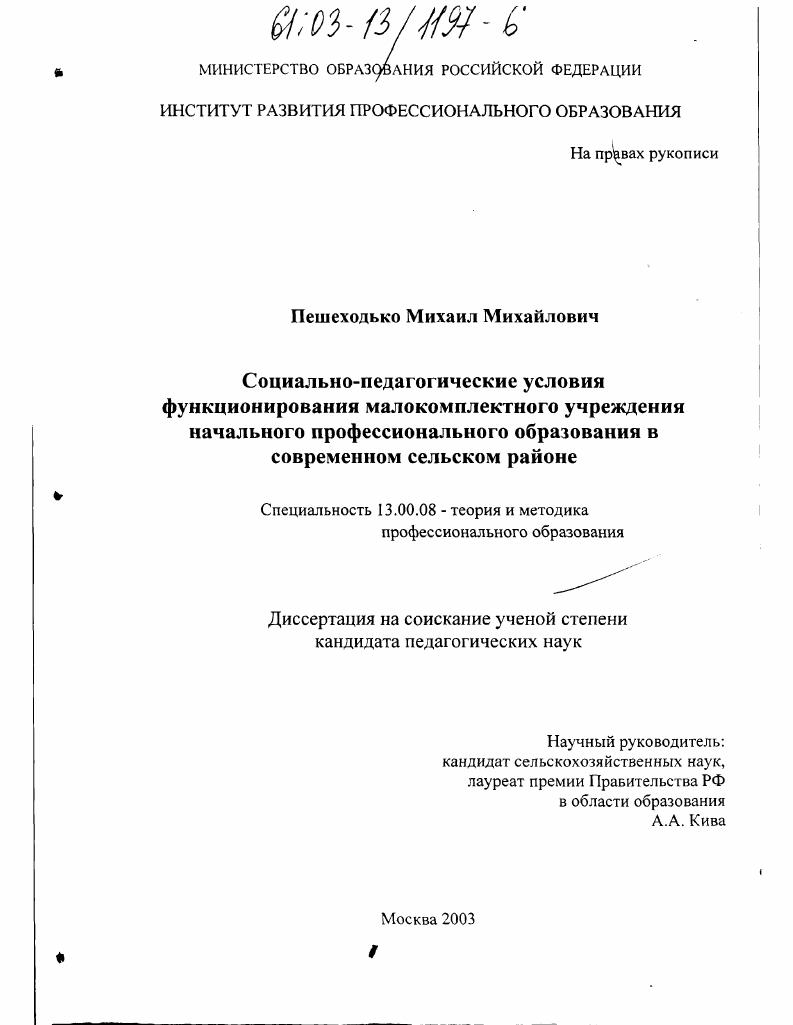 Социально-педагогические условия функционирования малокомплектного учреждения начального профессионального образования в современном сельском районе