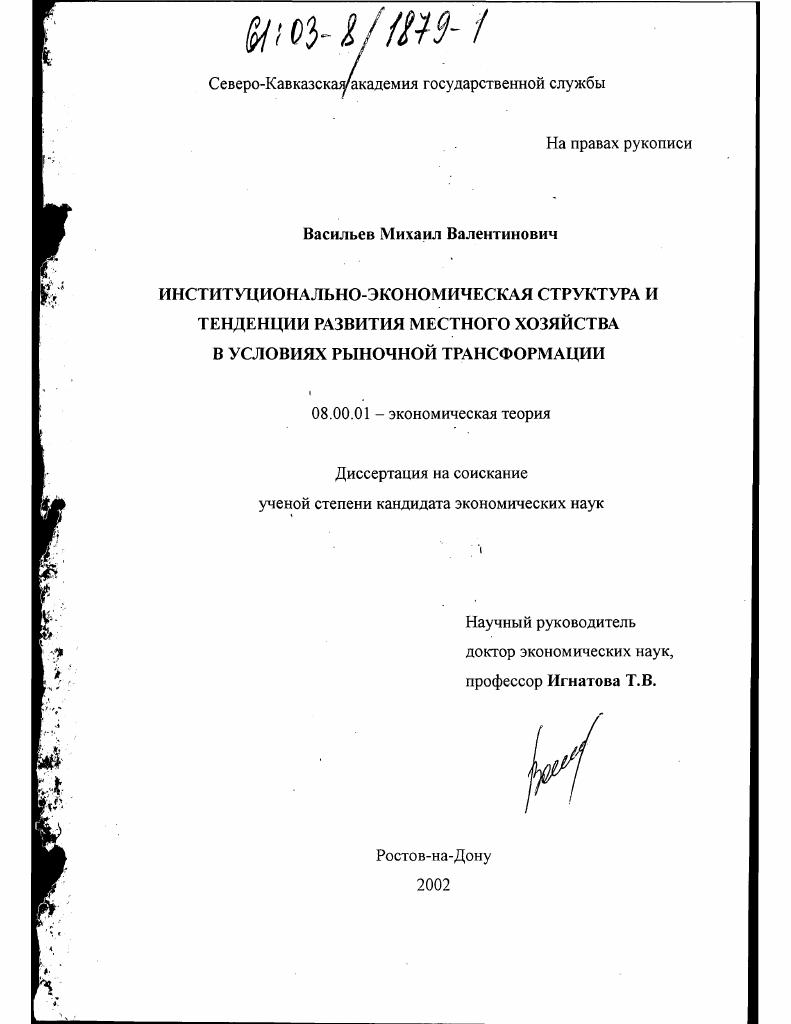 Институционально-экономическая структура и тенденции развития местного хозяйства в условиях рыночной трансформации