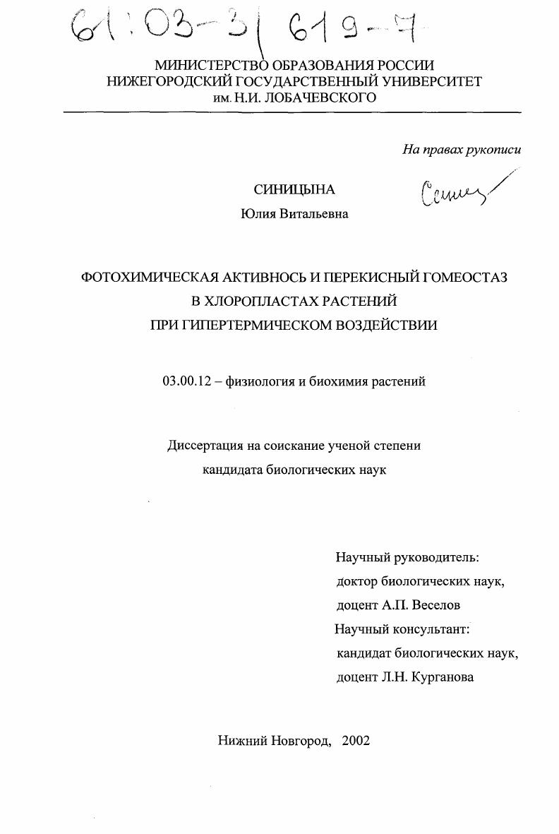 Фотохимическая активность и перекисный гомеостаз в хлоропластах растений при гипертермическом воздействии