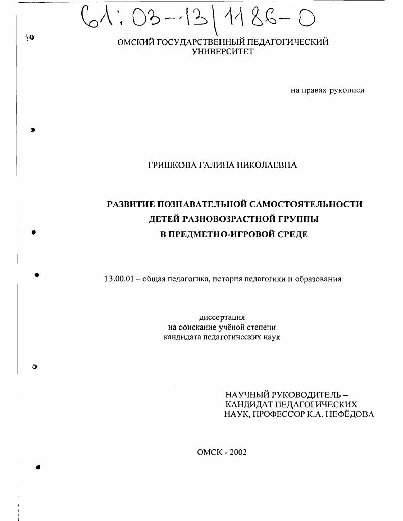 Развитие познавательной самостоятельности детей разновозрастной группы в предметно-игровой среде