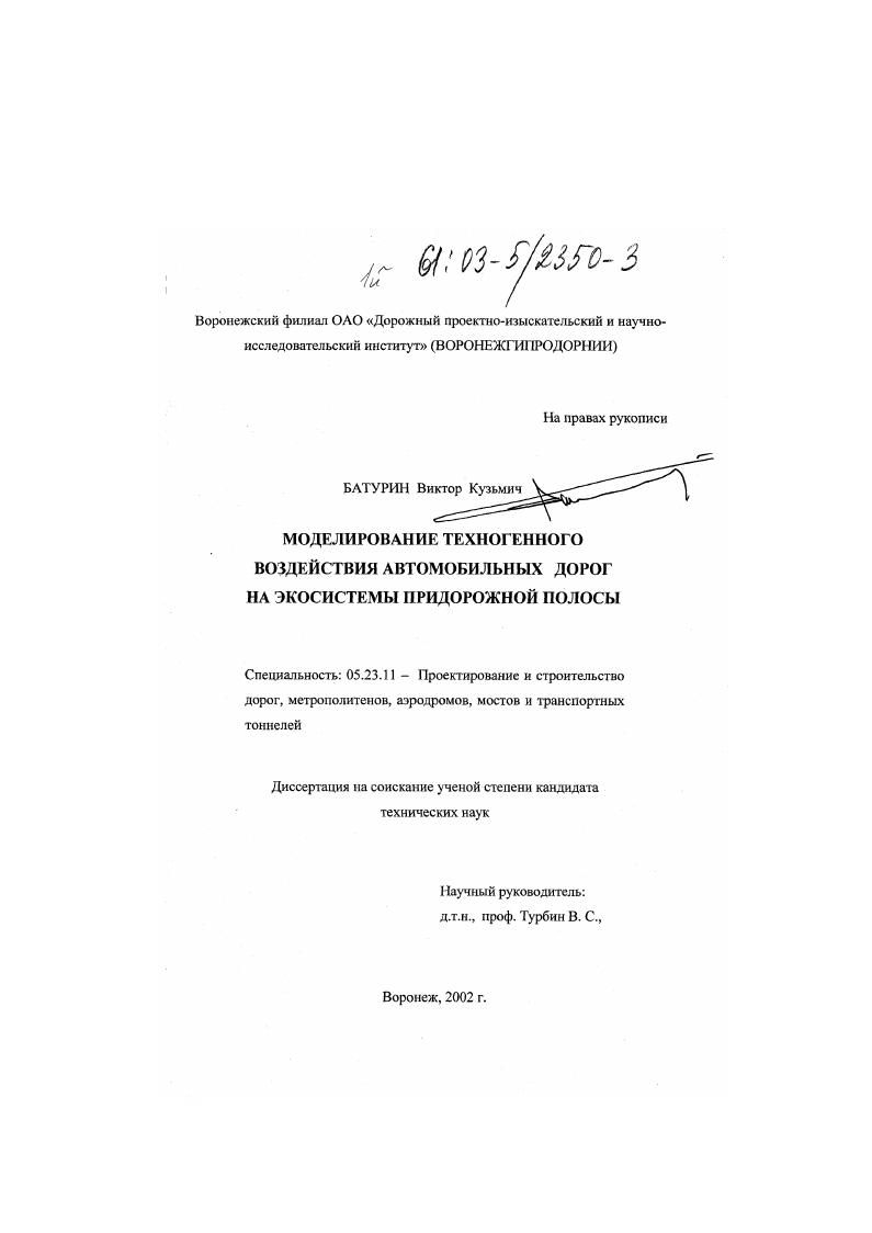 Моделирование техногенного воздействия автомобильных дорог на экосистемы придорожной полосы
