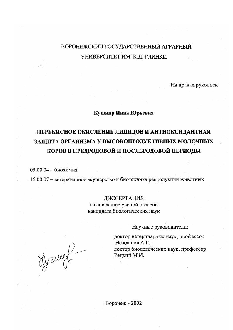 скачать диссертацию Перекисное окисление липидов и антиоксидантная защита организма у высокопродуктивных молочных коров в предродовой и послеродовой периоды Перекисное окисление липидов и антиоксидантная защита организма у высокопродуктивных молочных коров в предродовой и послеродовой периоды