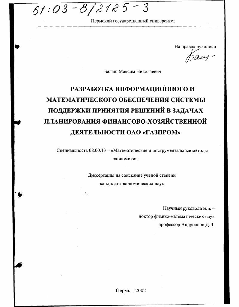 Разработка информационного и математического обеспечения системы поддержки принятия решений в задачах планирования финансово-хозяйственной деятельности ОАО "Газпром"