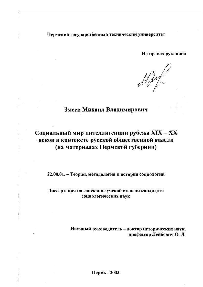 скачать диссертацию Социальный мир интеллигенции рубежа XIX-XX веков в контексте русской общественной мысли : На материалах Пермской губернии Социальный мир интеллигенции рубежа XIX-XX веков в контексте русской общественной мысли : На материалах Пермской губернии