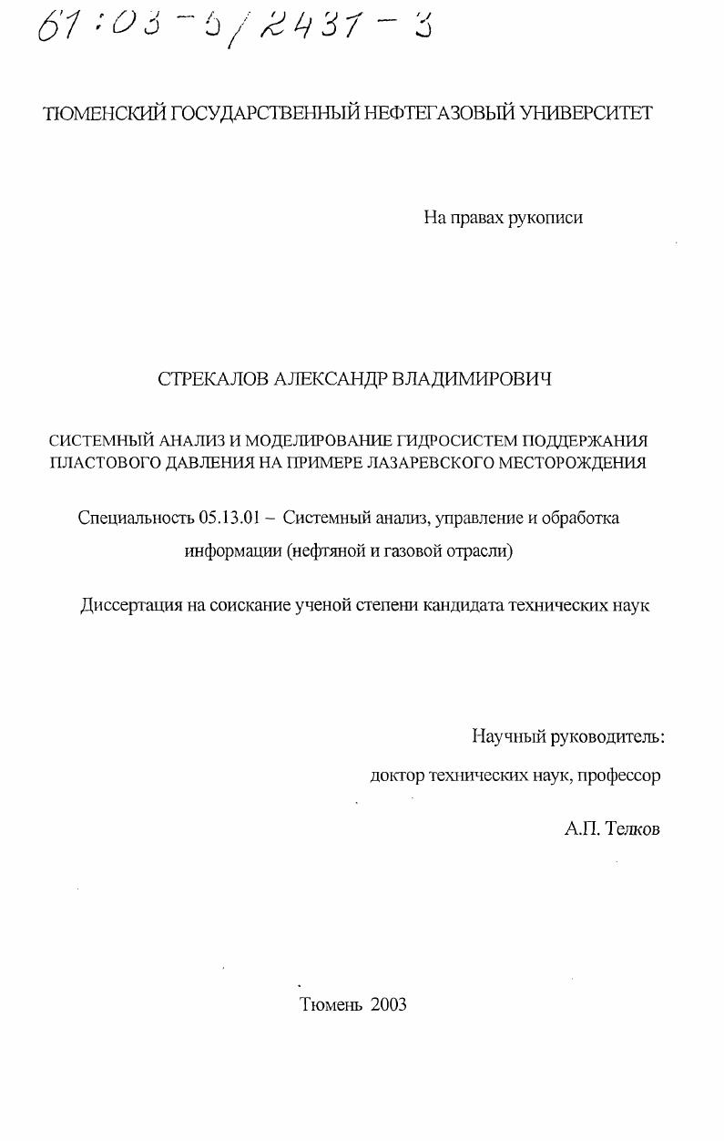 Системный анализ и моделирование гидросистем поддержания пластового давления : На примере Лазаревского месторождения