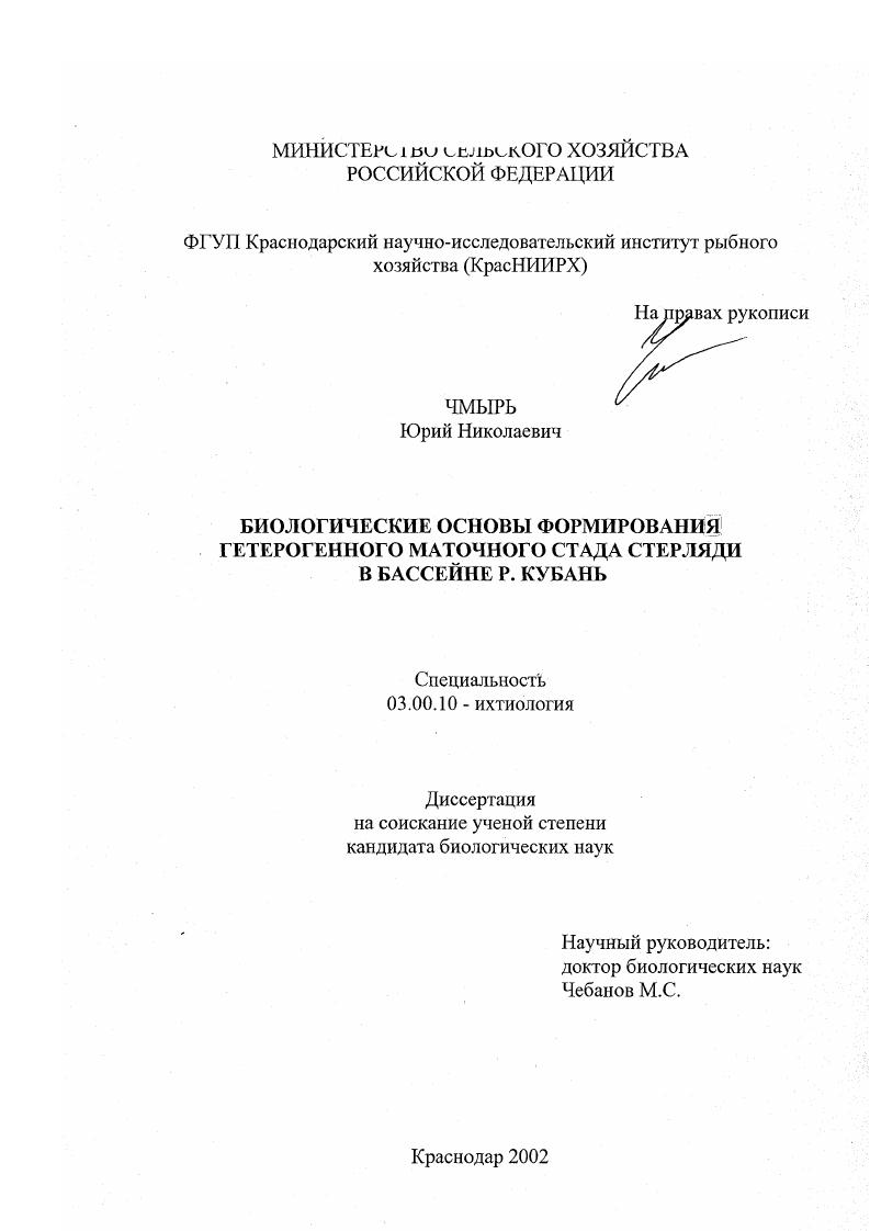 Биологические основы формирования гетерогенного маточного стада стерляди в бассейне р. Кубань
