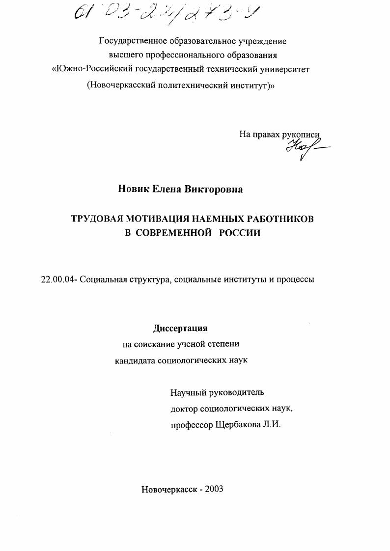 скачать диссертацию Трудовая мотивация наемных работников в современной России Трудовая мотивация наемных работников в современной России