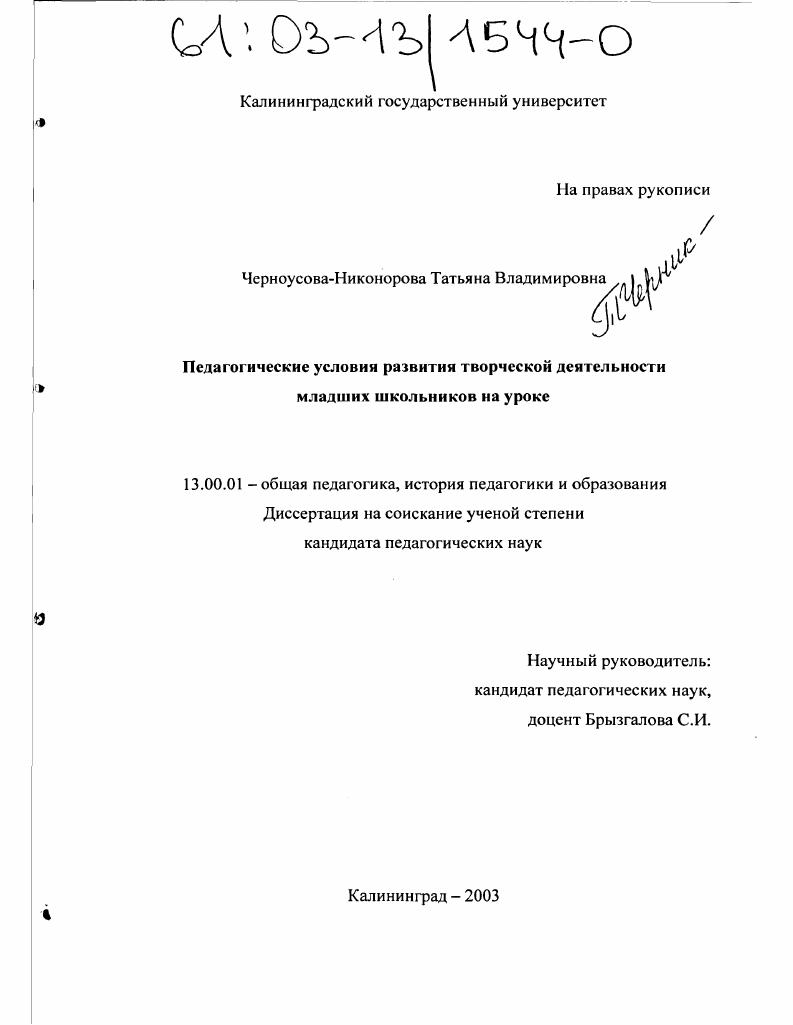 скачать диссертацию Педагогические условия развития творческой деятельности младших школьников на уроке Педагогические условия развития творческой деятельности младших школьников на уроке