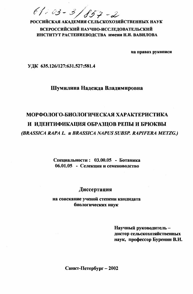 Морфолого-биологическая характеристика и идентификация образцов репы и брюквы (Brassica rapa L. и Brassica Napus subsp. rapifera metzg. )
