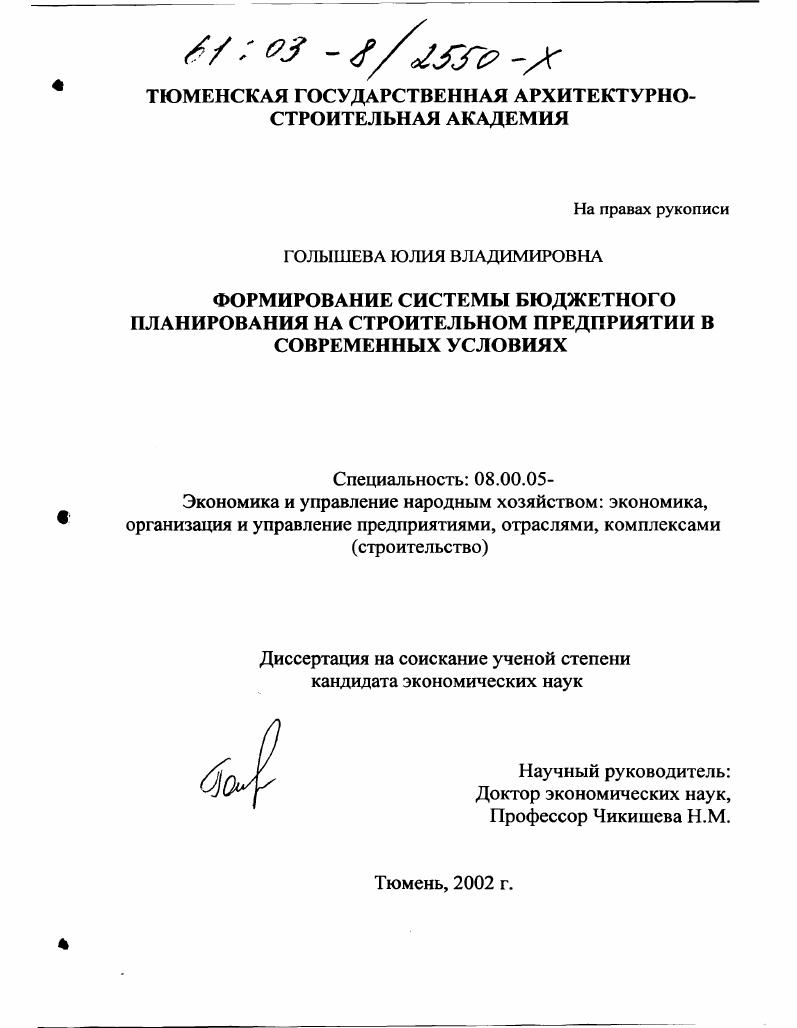 скачать диссертацию Формирование системы бюджетного планирования на строительном предприятии в современных условиях Формирование системы бюджетного планирования на строительном предприятии в современных условиях