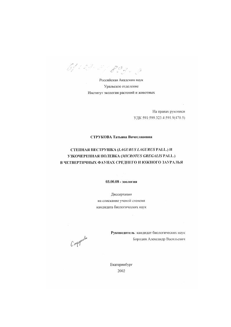 Степная пеструшка (Lagurus lagurus Pall. ) и узкочерепная полевка (Microtus gregalis Pall. ) в четвертичных фаунах Среднего и Южного Зауралья