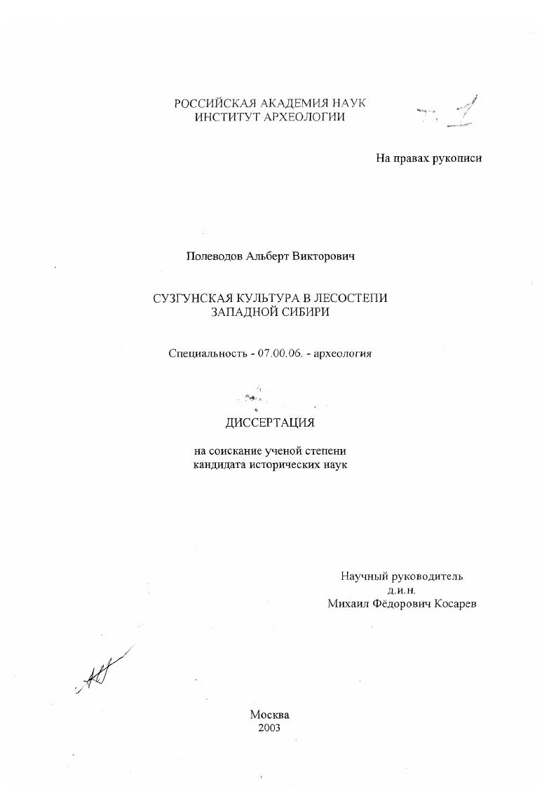 Сузгунская культура в лесостепи Западной Сибири