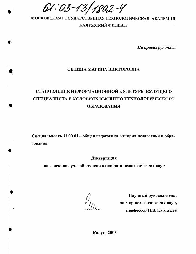 скачать диссертацию Становление информационной культуры будущего специалиста в условиях высшего технологического образования Становление информационной культуры будущего специалиста в условиях высшего технологического образования