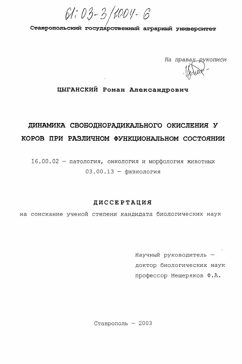Динамика свободнорадикального окисления у коров при различном функциональном состоянии