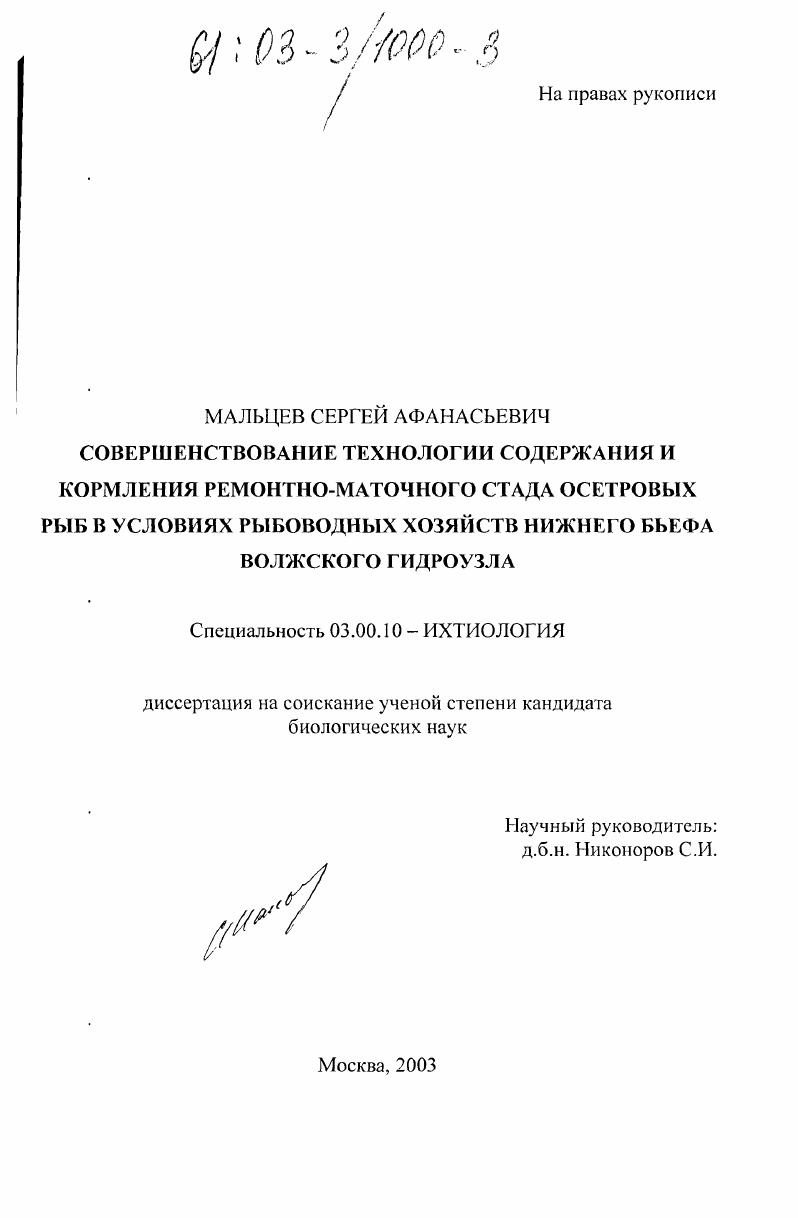 Совершенствование технологии содержания и кормления ремонтно-маточного стада осетровых рыб в условиях рыбоводных хозяйств нижнего бьефа Волжского гидроузла