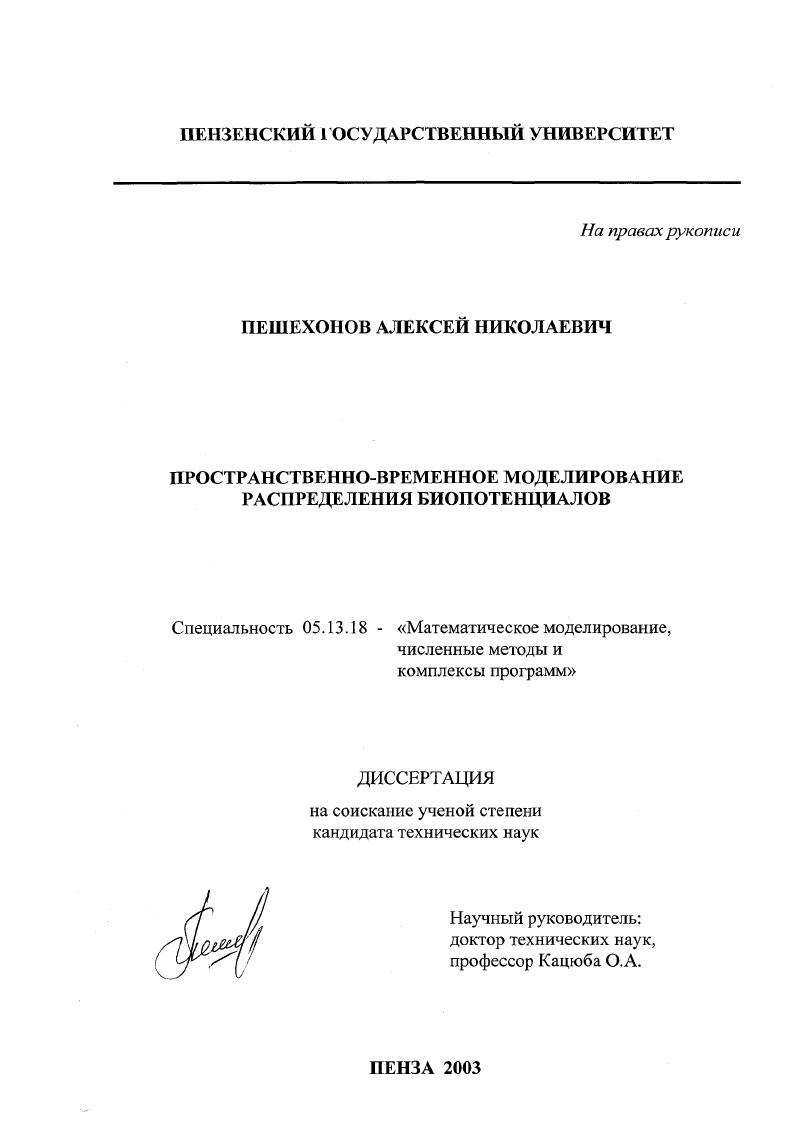 скачать диссертацию Пространственно-временное моделирование распределения биопотенциалов Пространственно-временное моделирование распределения биопотенциалов