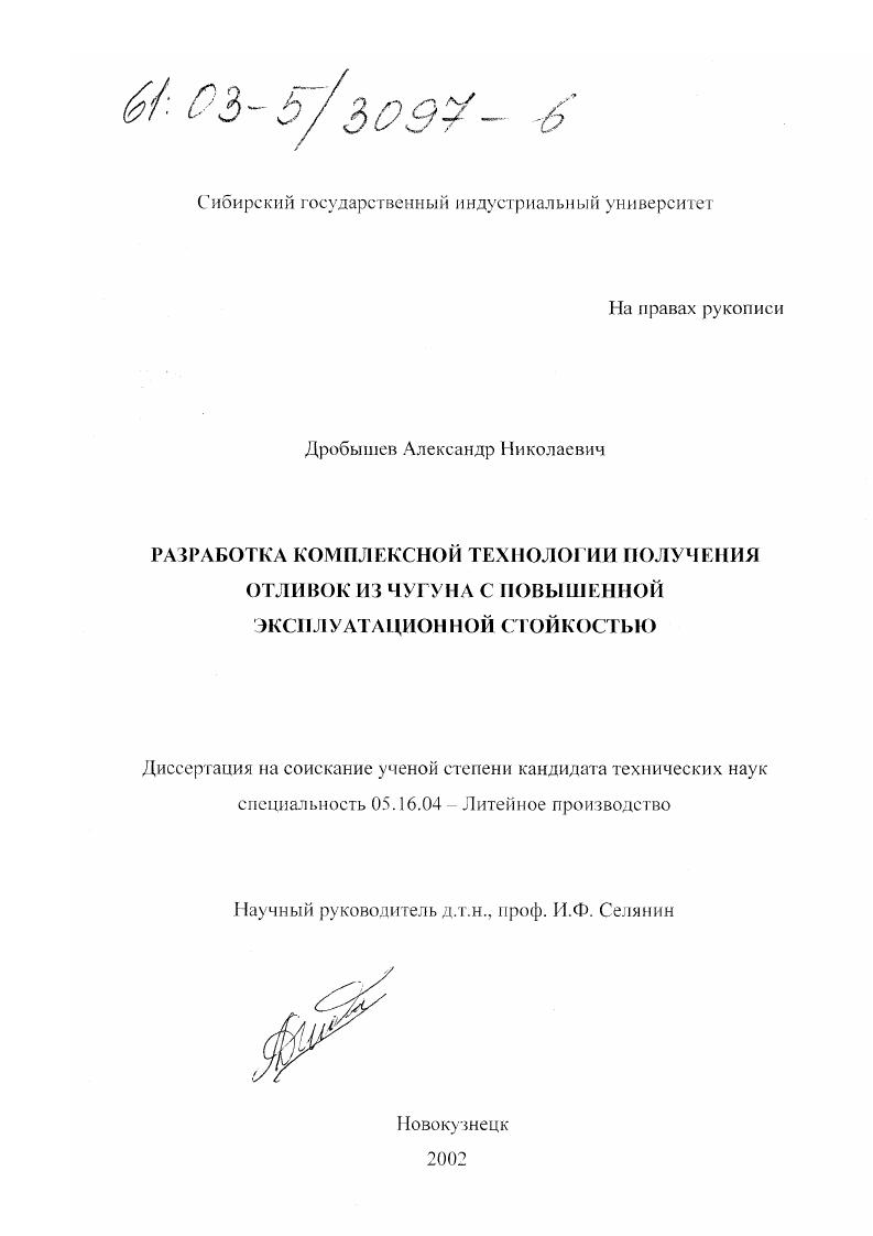 Разработка комплексной технологии получения отливок из чугуна с повышенной эксплуатационной стойкостью