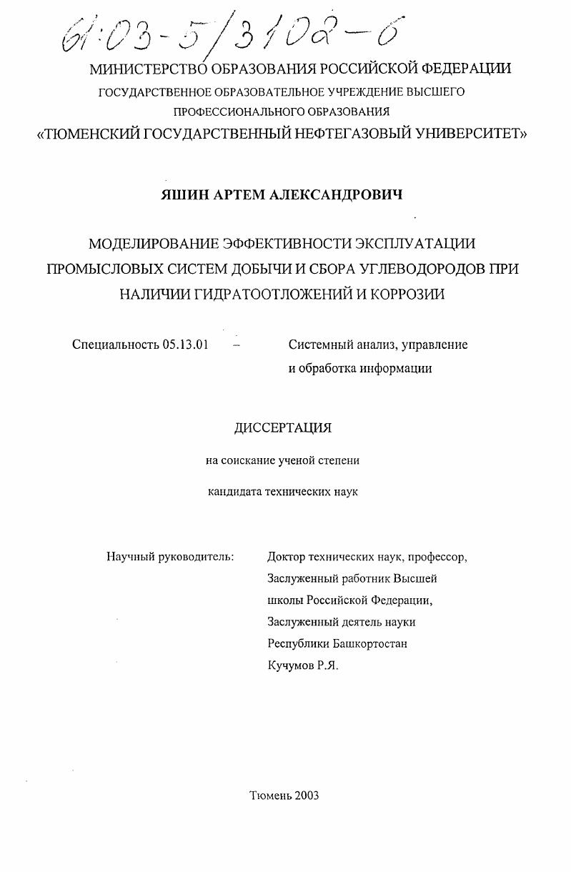 Моделирование эффективности эксплуатации промысловых систем добычи и сбора углеводородов при наличии гидратоотложений и коррозии