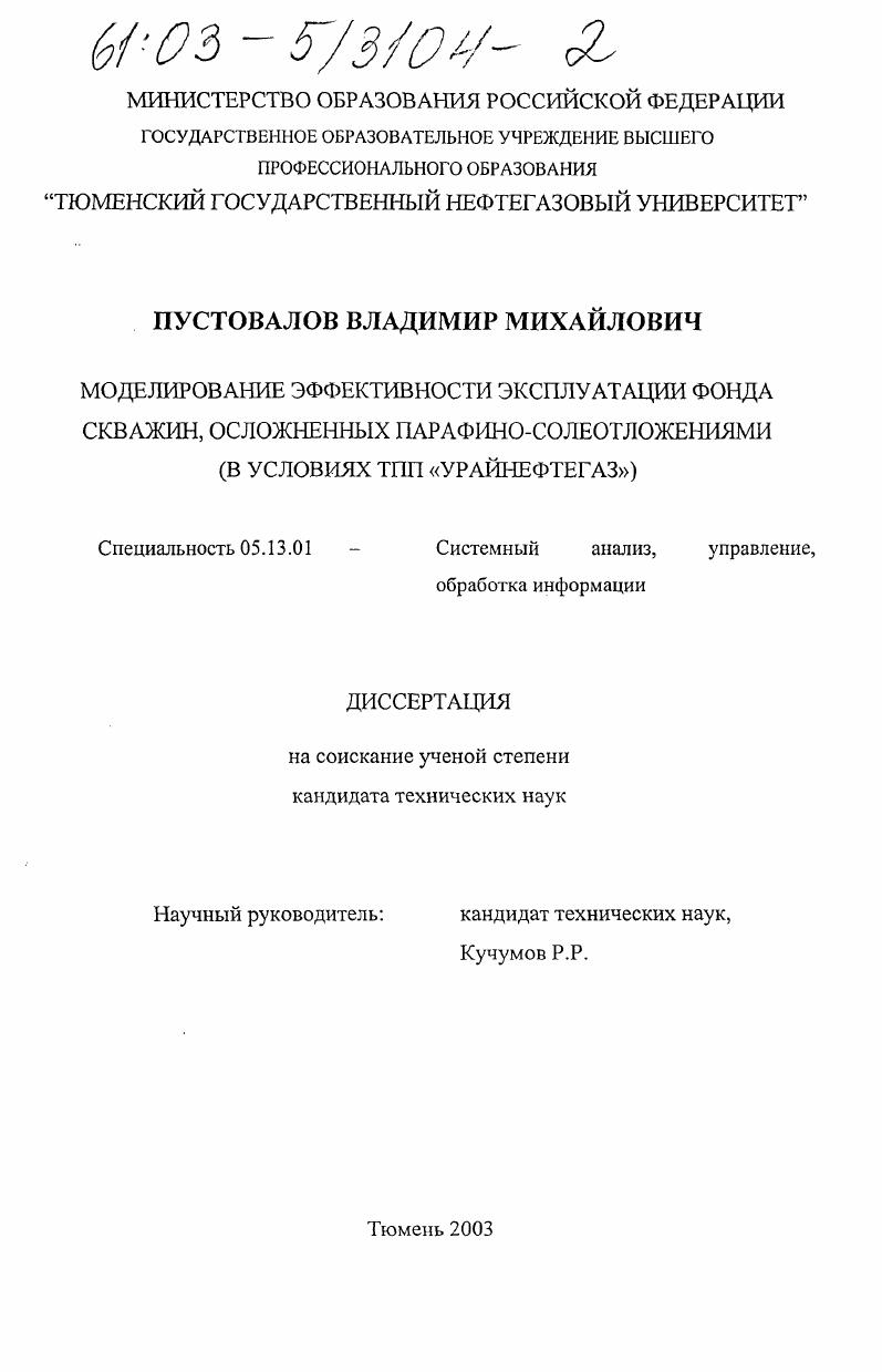 Моделирование эффективности эксплуатации фонда скважин, осложненных парафино-солеотложениями : В условиях ТПП "Урайнефтегаз"