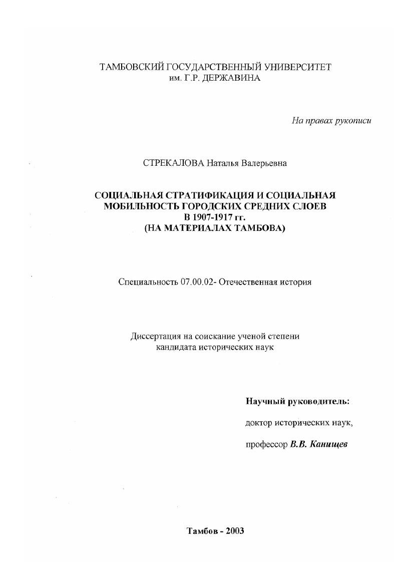 Социальная стратификация и социальная мобильность городских средних слоев в 1907 - 1917 гг. : На материалах Тамбова
