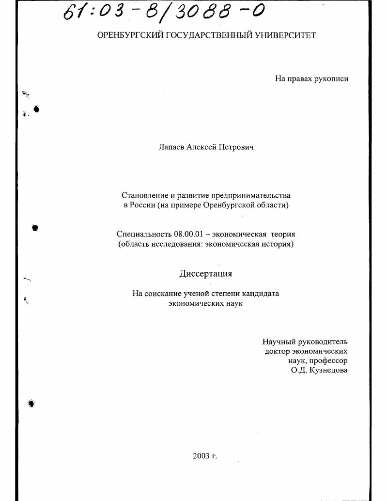 скачать диссертацию Становление и развитие предпринимательства в России : На примере Оренбургской области Становление и развитие предпринимательства в России : На примере Оренбургской области