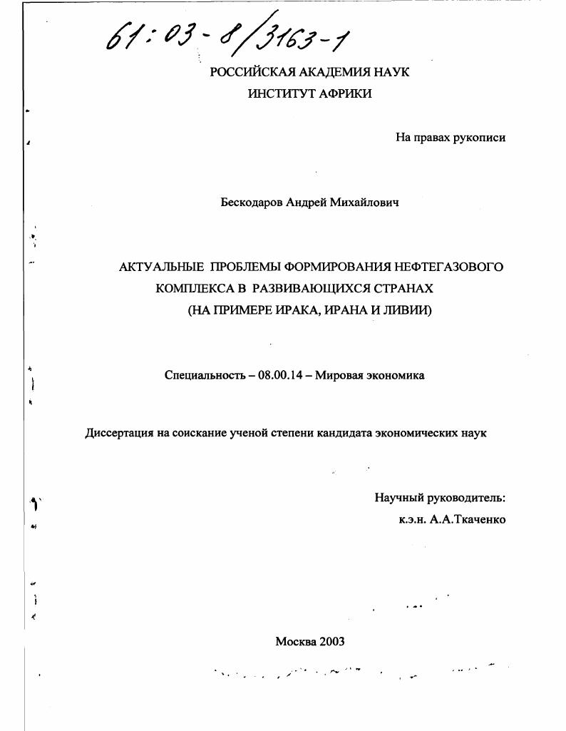 Актуальные проблемы формирования нефтегазового комплекса в развивающихся странах : На примере Ирака, Ирана и Ливии