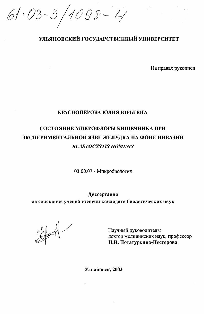 Состояние микрофлоры кишечника при экспериментальной язве желудка на фоне инвазии Blastocystis hominis
